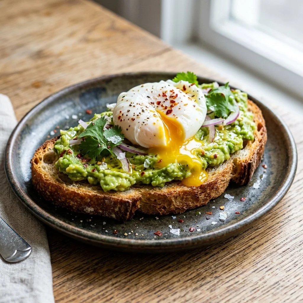 Delicious sourdough avocado toast topped with fresh herbs and spices.