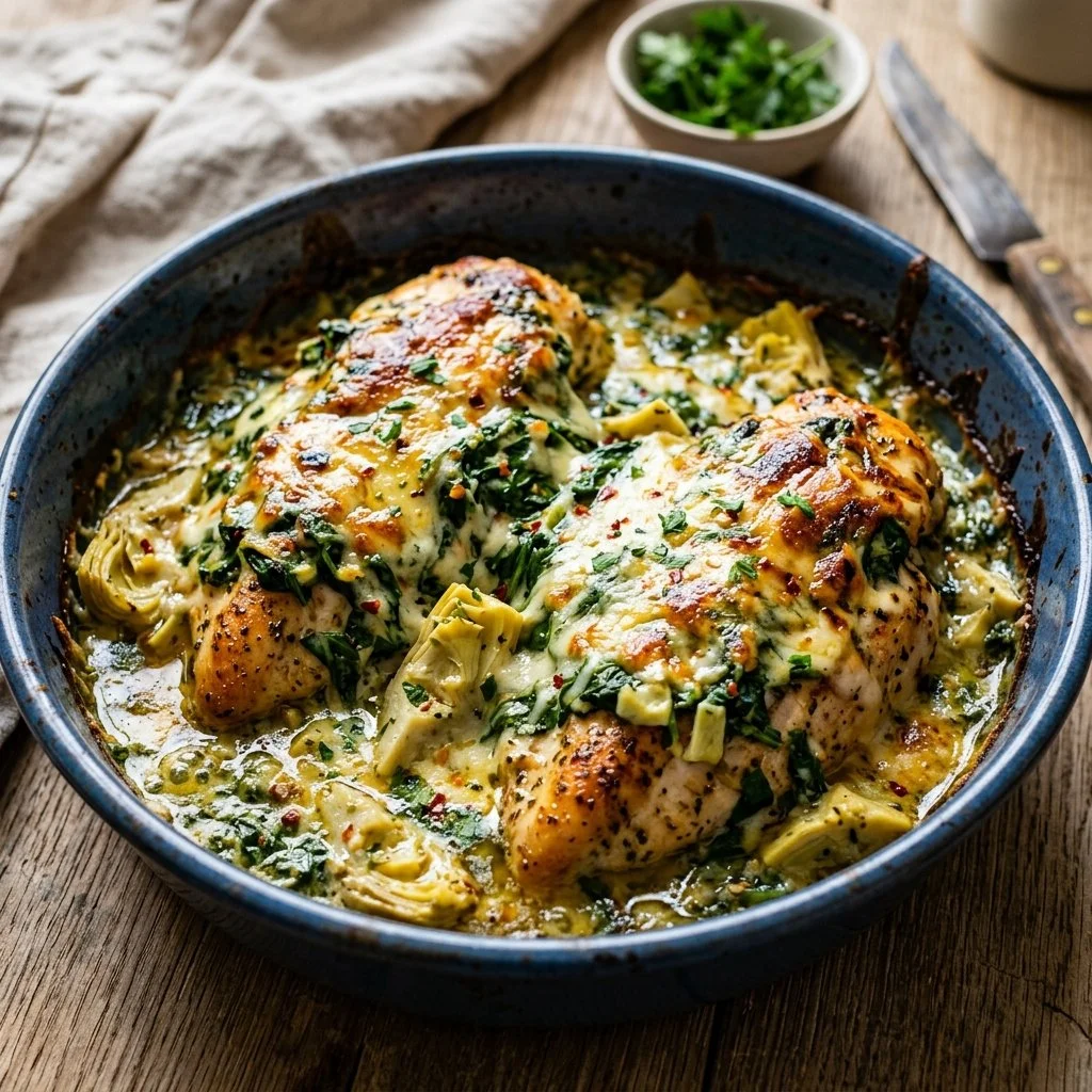 Delicious Spinach Artichoke Chicken dish topped with creamy spinach and artichokes.