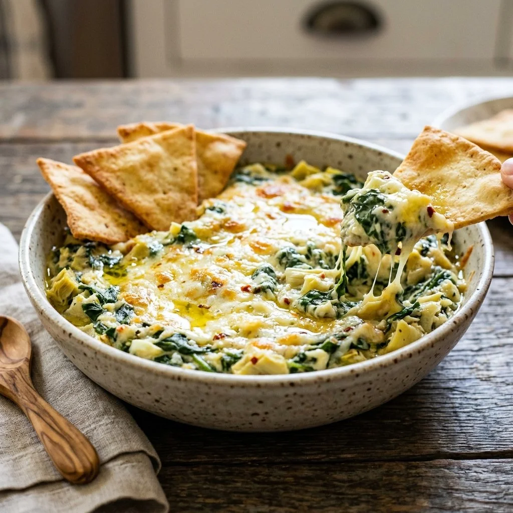Creamy Spinach Artichoke Dip served in a bowl with tortilla chips