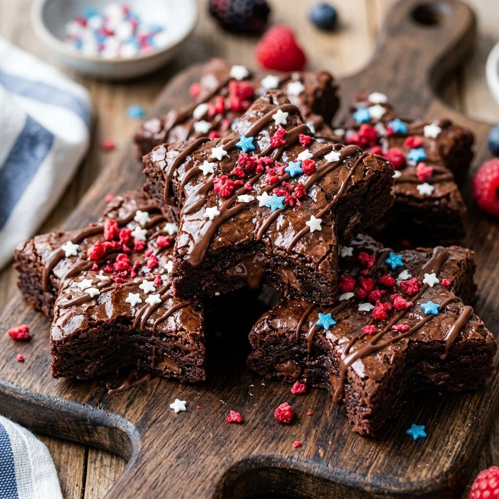 Star Spangled Brownies decorated with red, white, and blue for festive celebrations