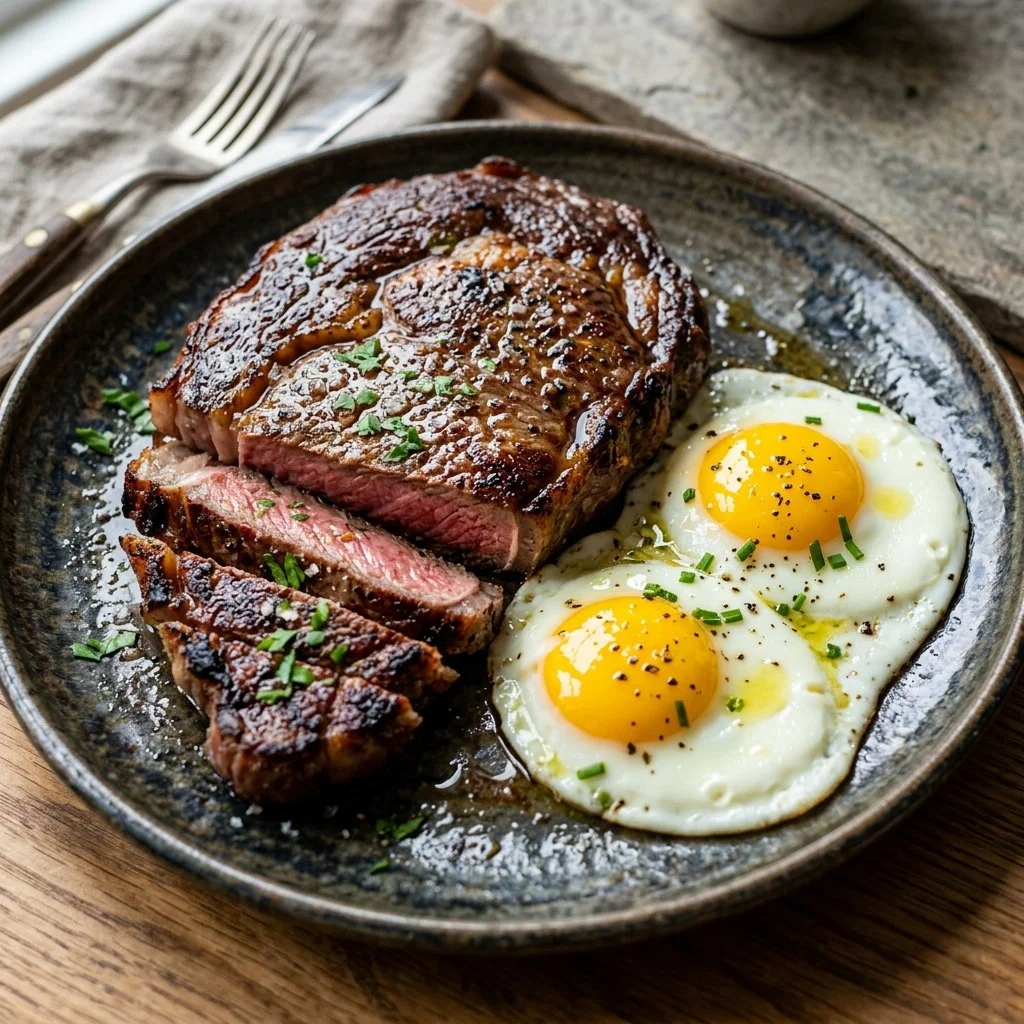Delicious steak and eggs breakfast plate on a wooden table