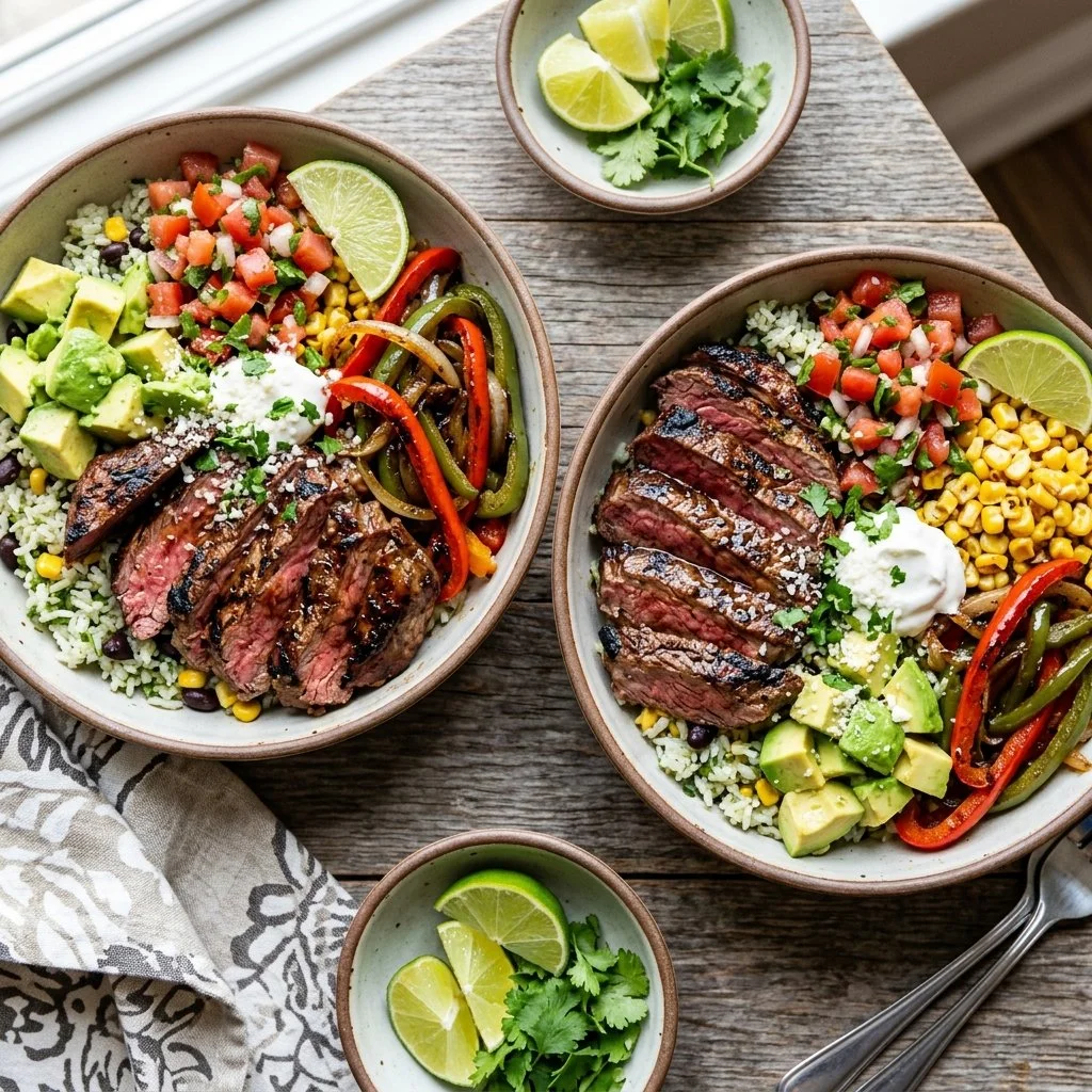 Delicious steak fajita bowl with vibrant vegetables and toppings