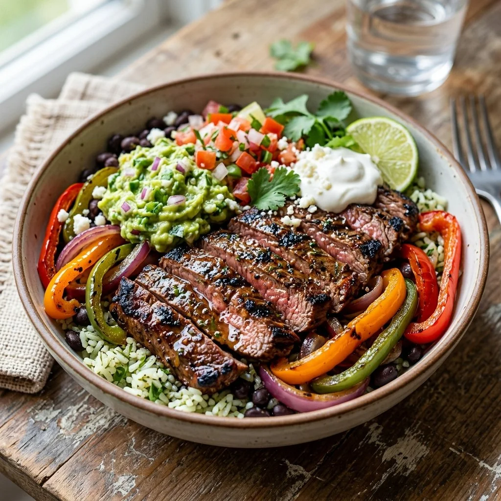Delicious steak fajita bowls with grilled steak, peppers, and rice