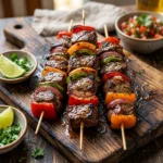 Grilled steak fajita skewers with vibrant bell peppers and onions