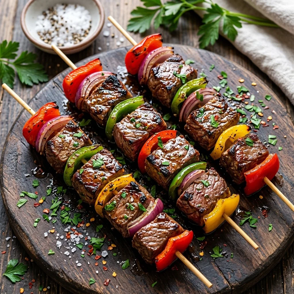Grilled steak kabobs skewers with vegetables, ready for serving