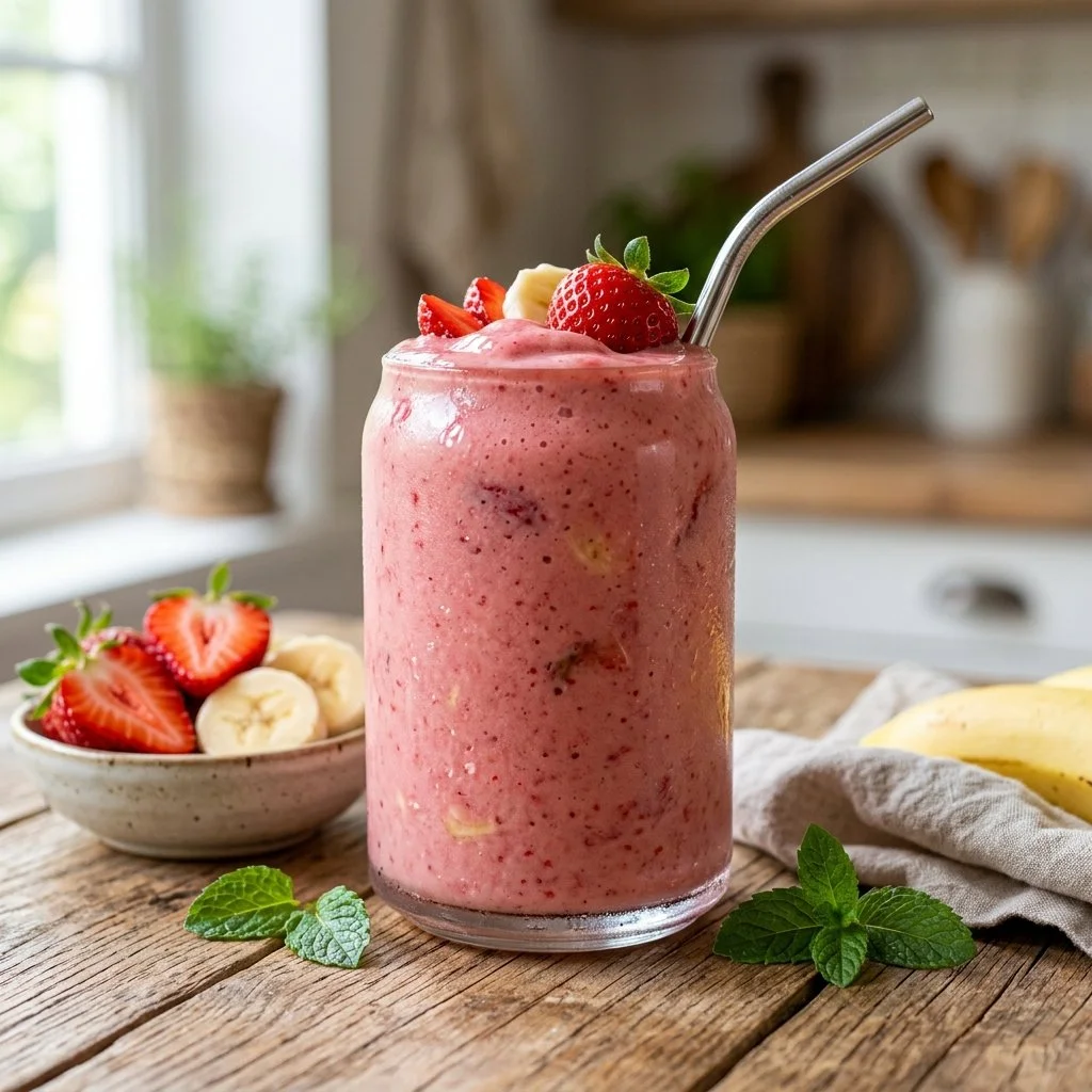 A refreshing strawberry banana smoothie served in a glass with fresh fruit.