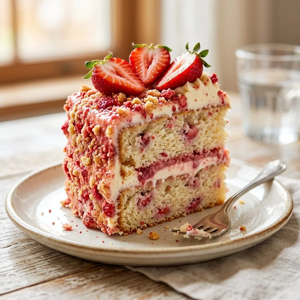 Delicious strawberry crunch cake with fresh strawberries and crunchy topping