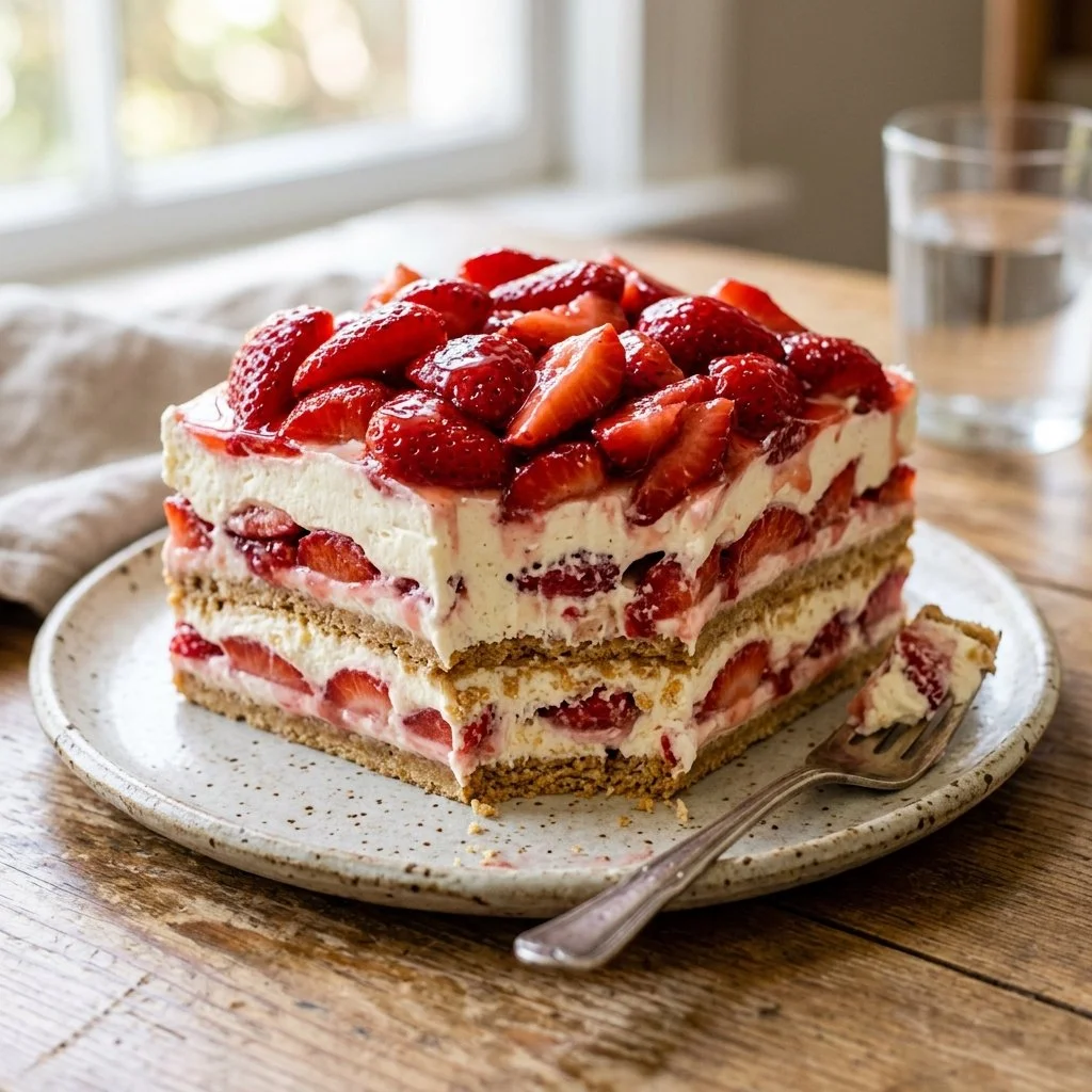 Delicious and refreshing Strawberry Icebox Cake with fresh strawberries and whipped cream.