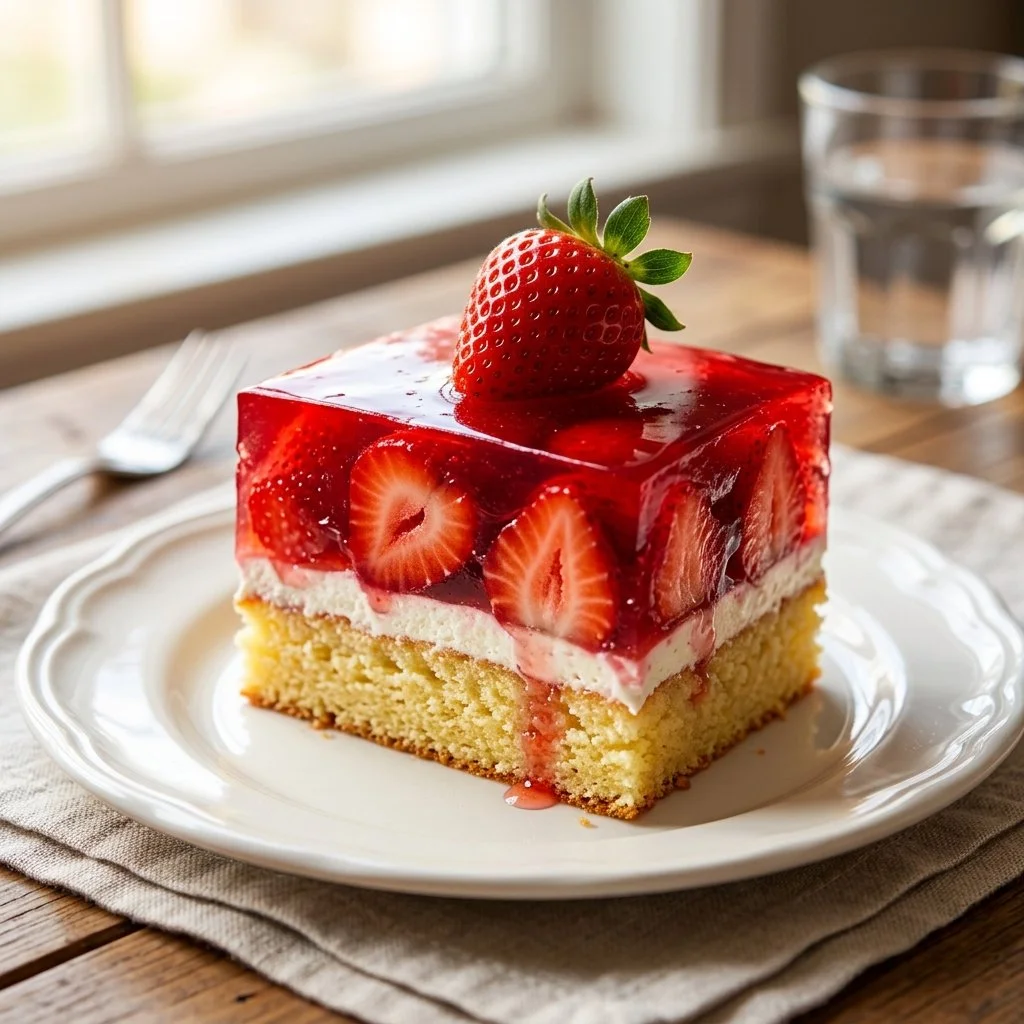 Delicious strawberry jello cake topped with fresh strawberries and whipped cream