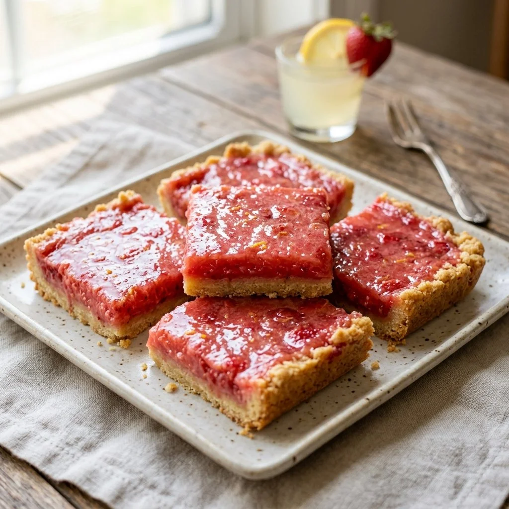 Delicious strawberry lemonade bars on a plate with fresh strawberries and lemons.
