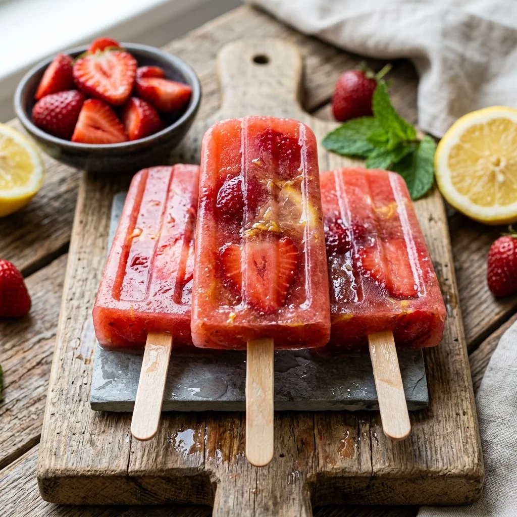 Delicious strawberry lemonade popsicles on a sunny day.