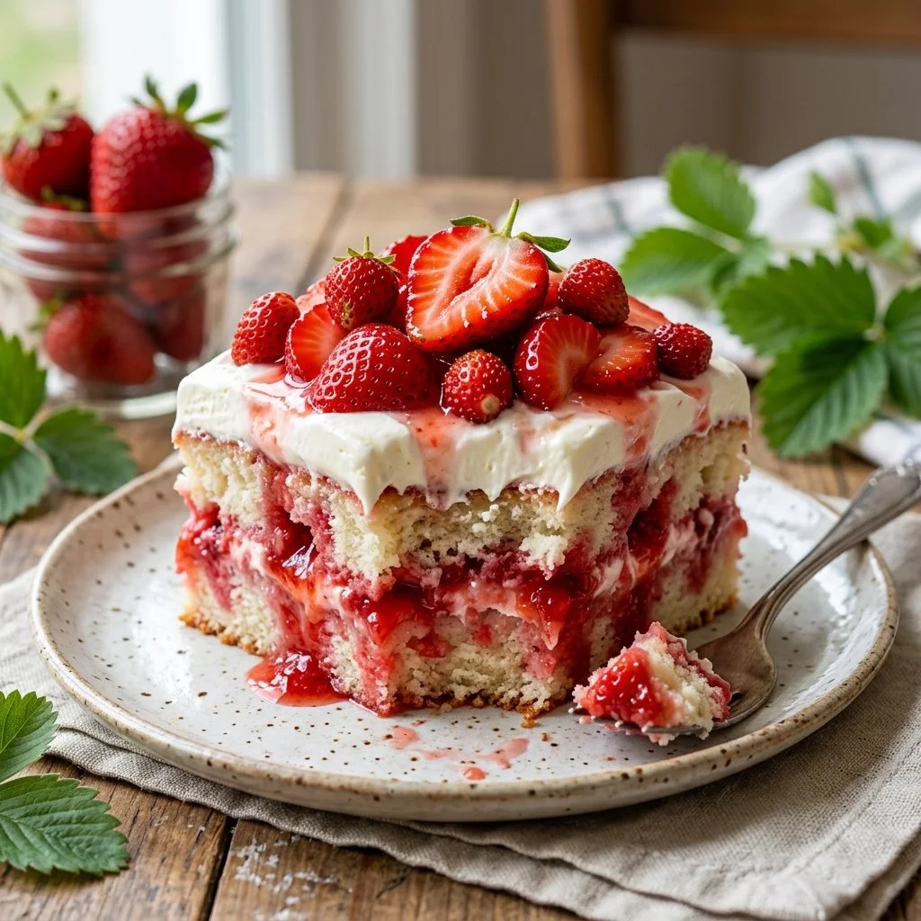 Delicious Strawberry Poke Cake topped with fresh strawberries and whipped cream