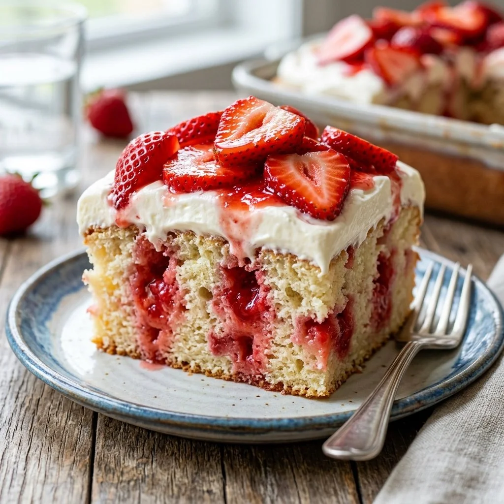 Delicious Strawberry Poke Cake topped with fresh strawberries and whipped cream.