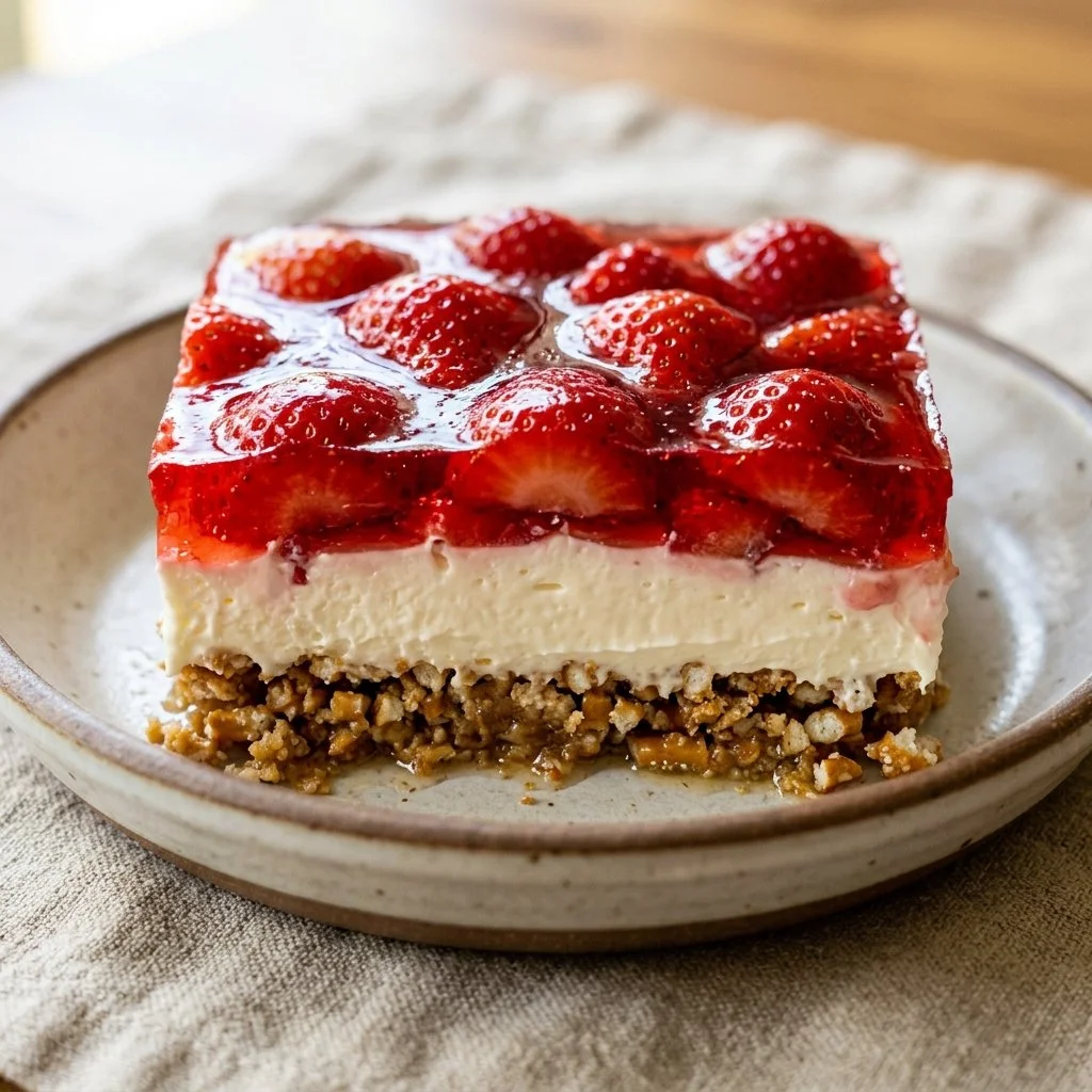 Delicious Strawberry Pretzel Salad with creamy topping and crunchy pretzel crust.