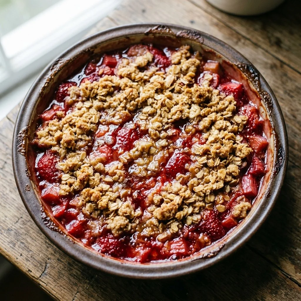 Delicious homemade Strawberry Rhubarb Crisp served in a dish.