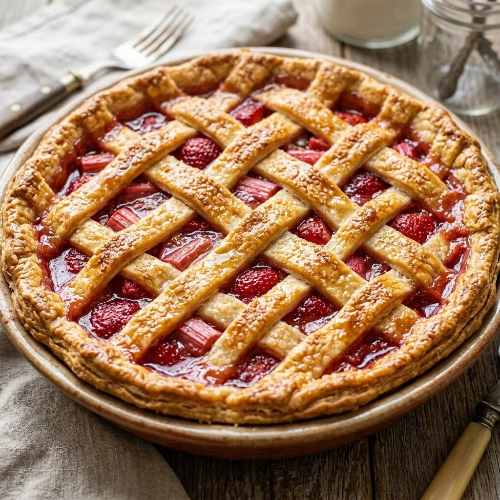 Freshly baked Strawberry Rhubarb Pie served on a rustic wooden table.