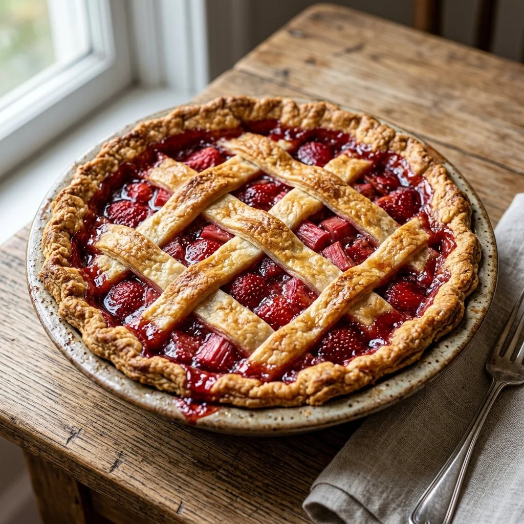 Delicious homemade Strawberry Rhubarb Pie cooling on a kitchen counter