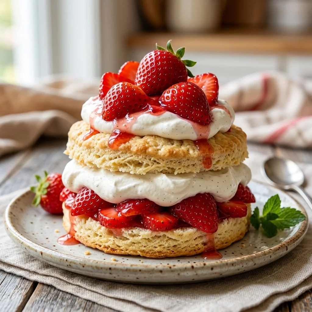 Delicious strawberry shortcake dessert with fresh strawberries and whipped cream