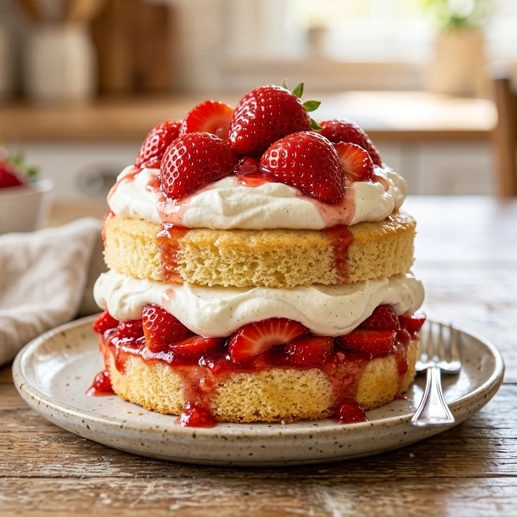 Delicious strawberry shortcake with fresh strawberries and whipped cream on top