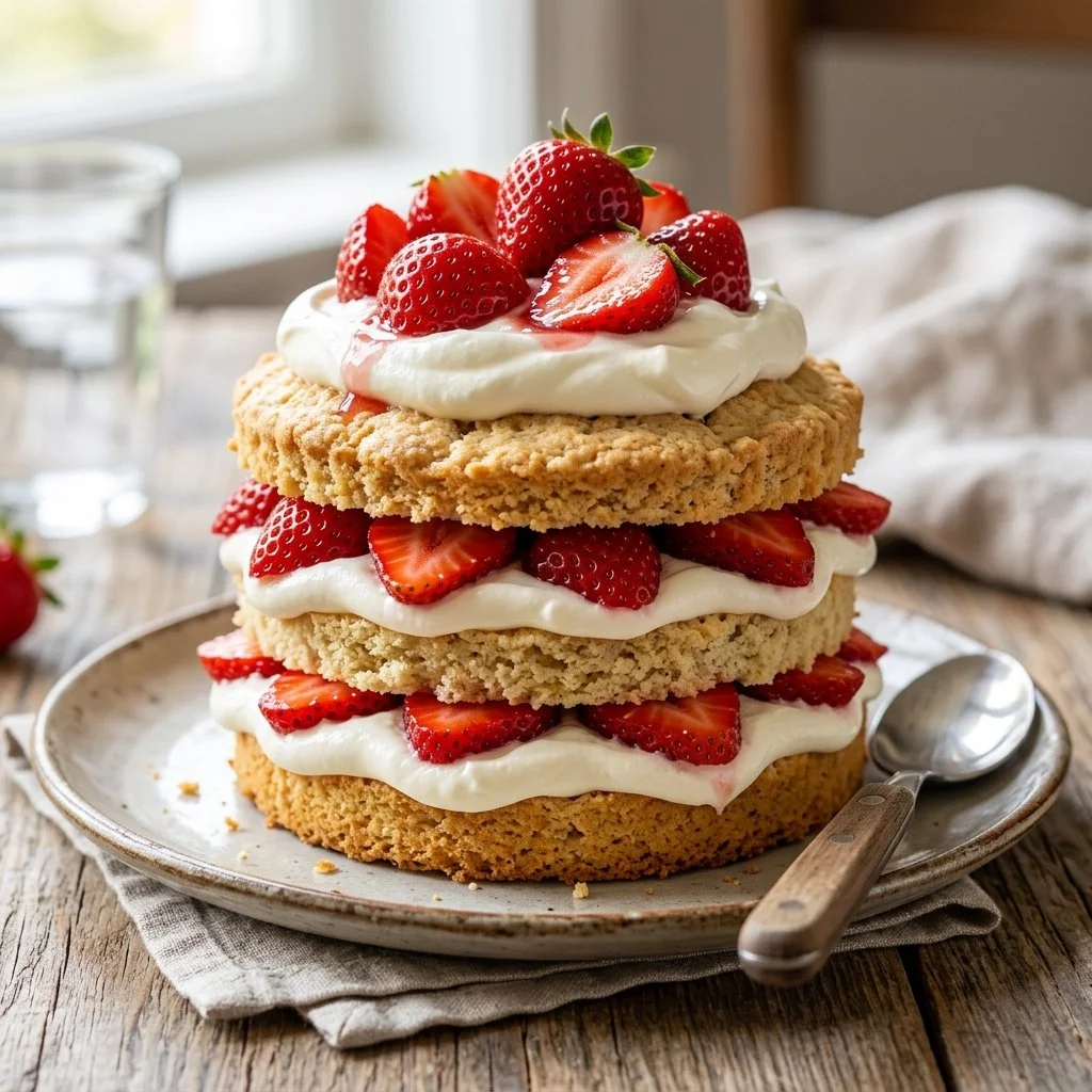 Delicious homemade strawberry shortcake topped with fresh strawberries and cream