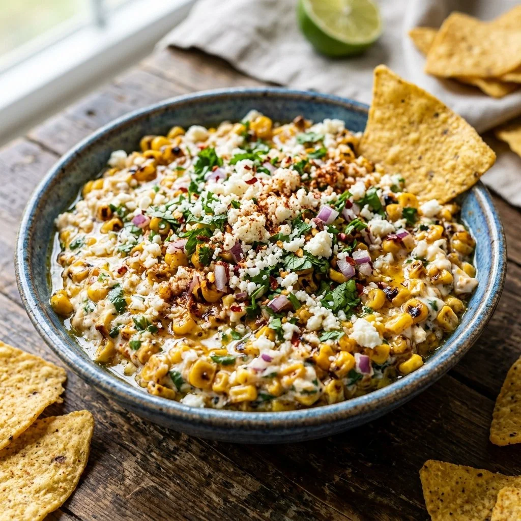 Delicious Street Corn Dip served in a bowl with toppings
