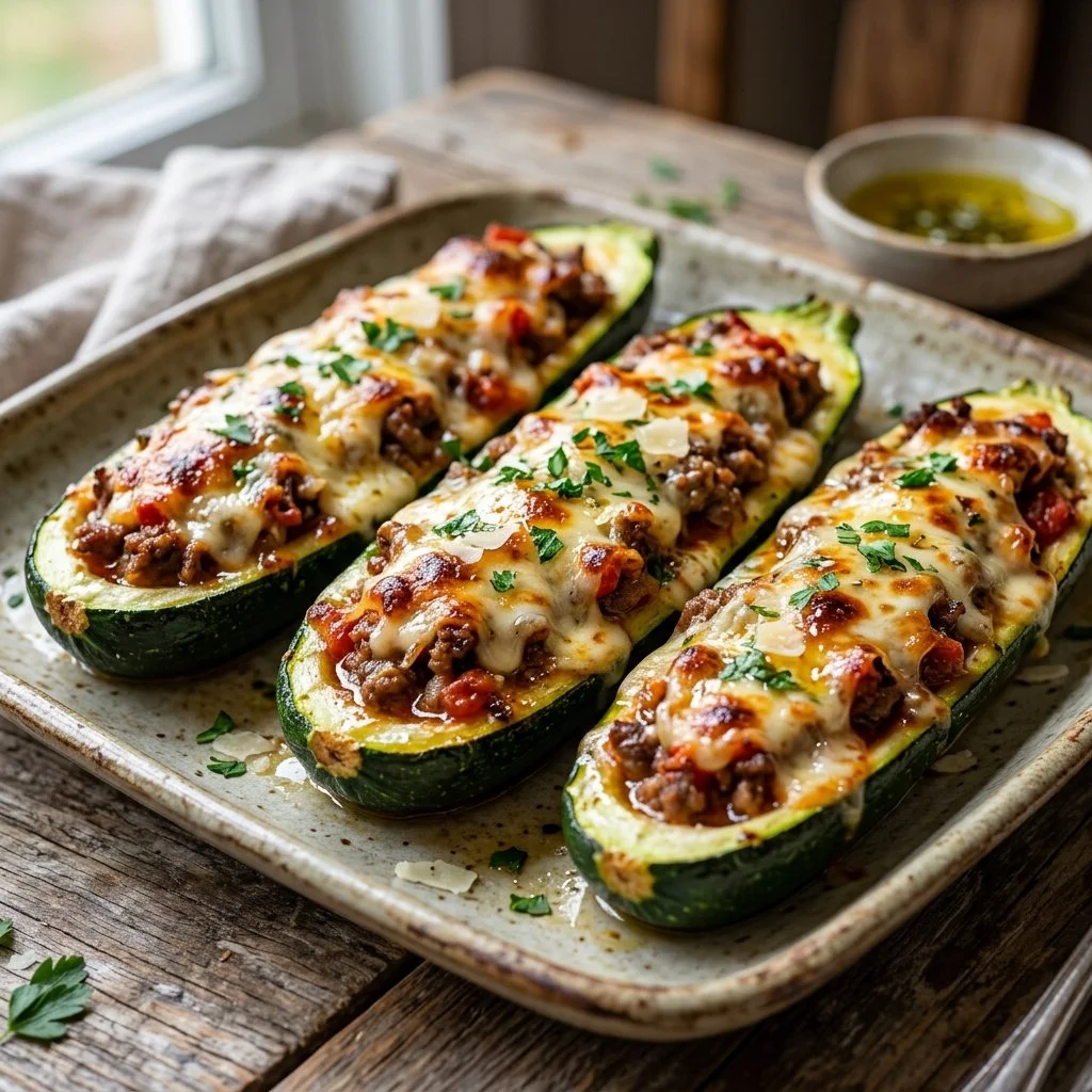 Delicious stuffed zucchini boats filled with savory ingredients.