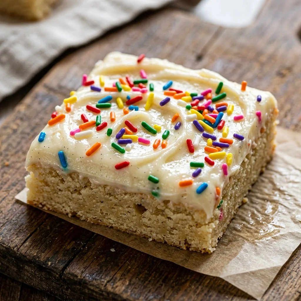 Delicious homemade sugar cookie bars with colorful frosting and sprinkles.
