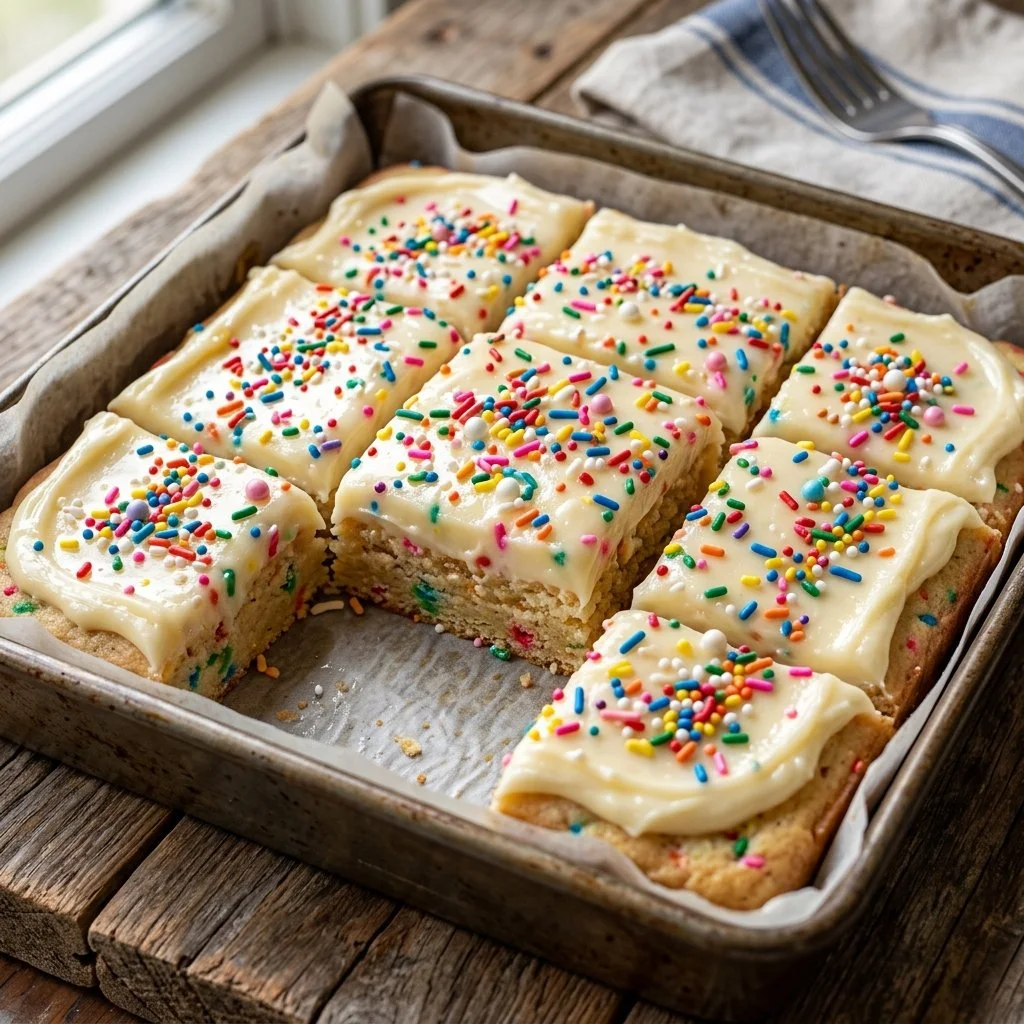 Delicious sugar cookie bars with colorful frosting on a baking sheet