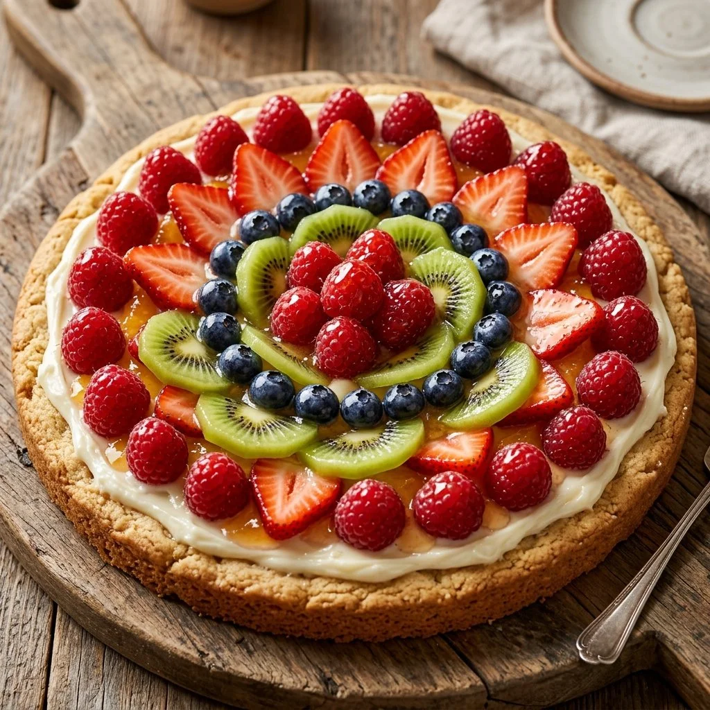 Delicious Sugar Cookie Fruit Pizza topped with fresh fruits and cream
