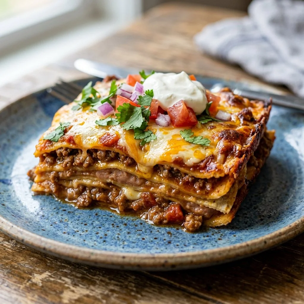 Delicious Taco Lasagna layered with seasoned meat, cheese, and tortillas.