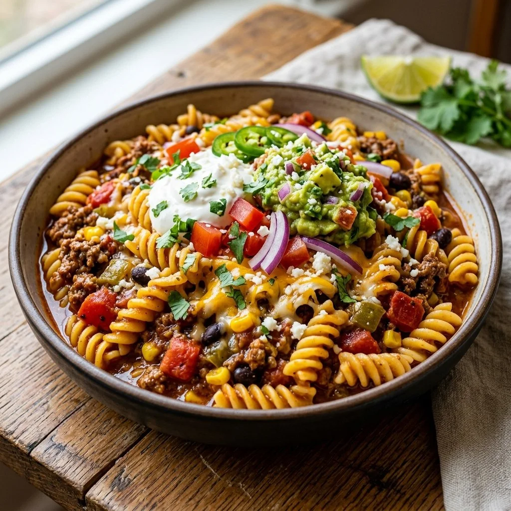 Delicious taco pasta topped with cheese and fresh ingredients