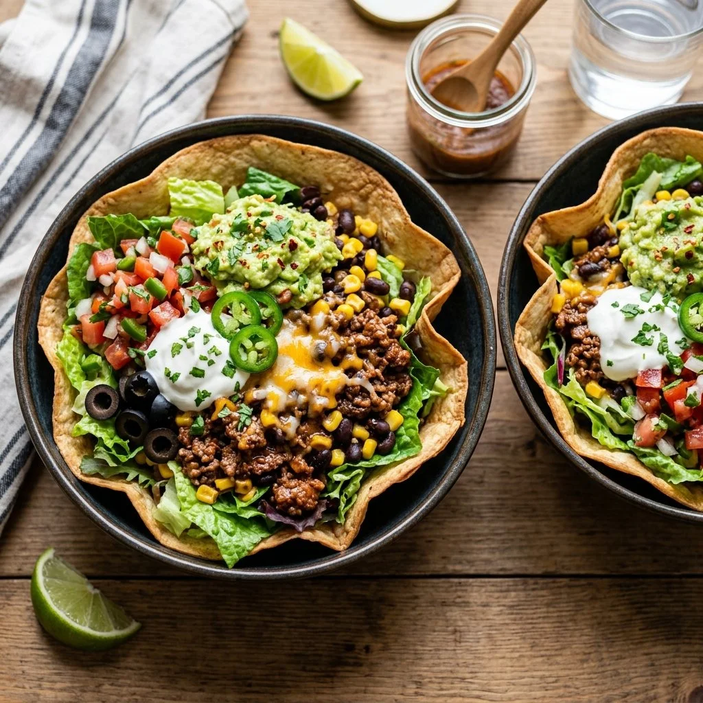 Colorful taco salad bowls filled with fresh ingredients and toppings