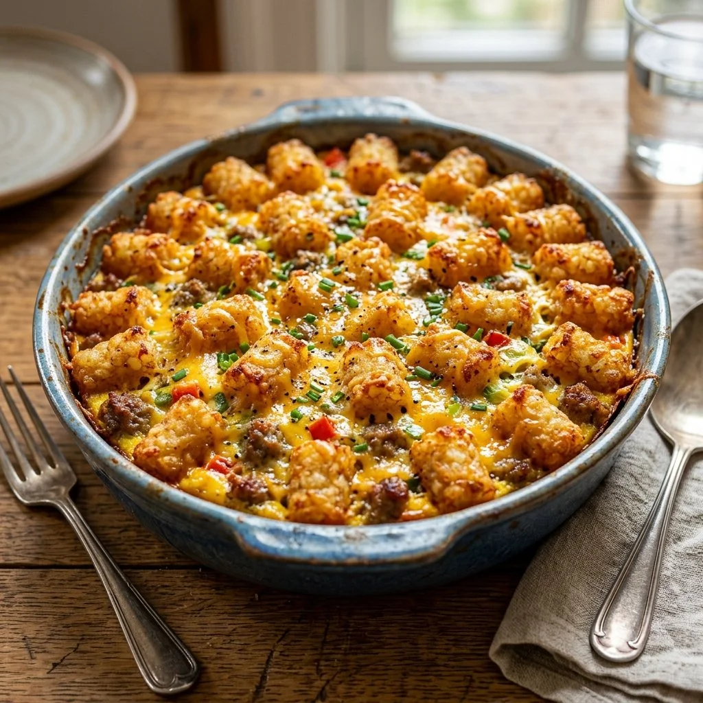 Tater Tot Breakfast Casserole topped with cheese and baked to perfection