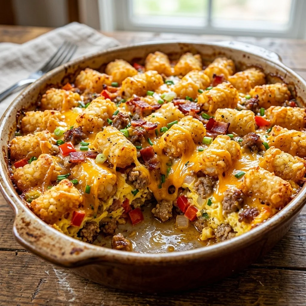Tater tot breakfast casserole with eggs, cheese, and sausage in a baking dish.