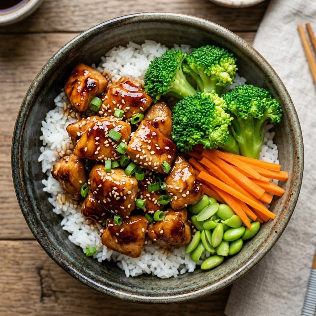 Delicious teriyaki chicken bowl with colorful vegetables and rice