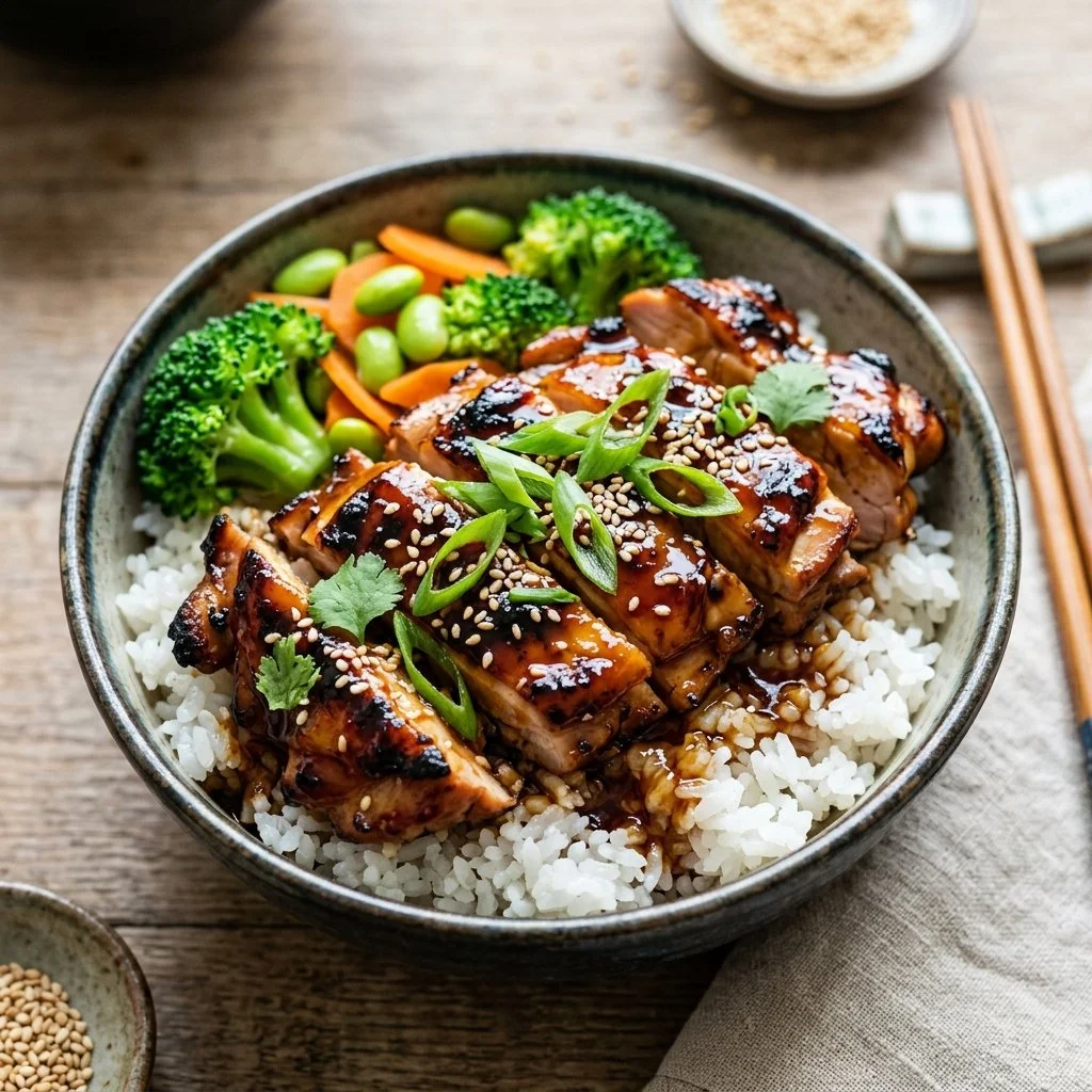 Delicious teriyaki chicken bowl with vegetables and rice