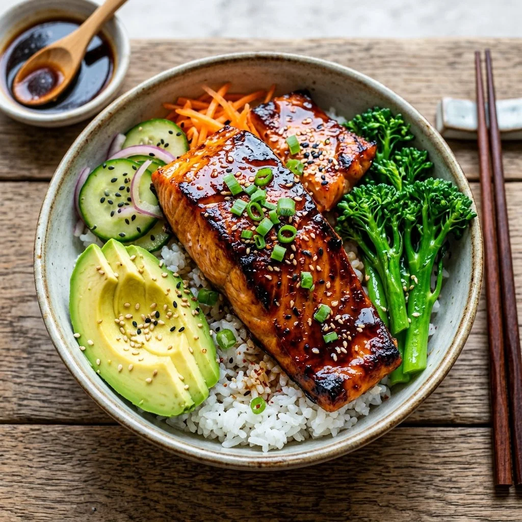 Delicious Teriyaki Salmon Bowl with vegetables and rice