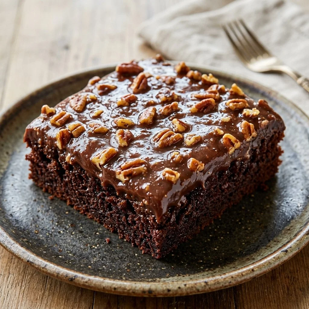 Delicious Texas Sheet Cake served on a white plate with chocolate frosting