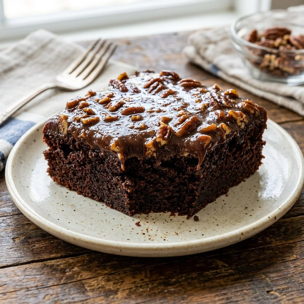 Delicious Texas Sheet Cake with chocolate frosting and pecans