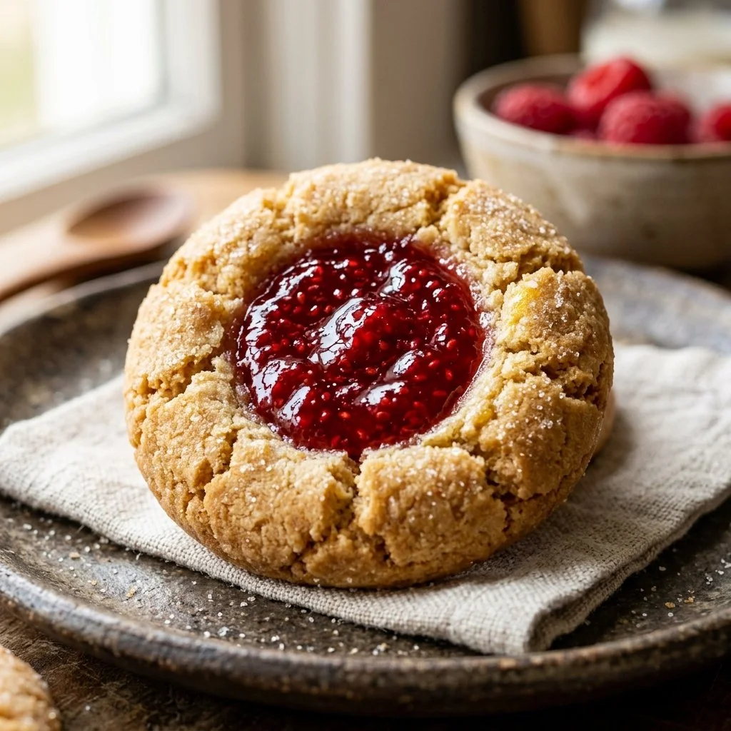 Freshly baked thumbprint cookies with colorful jam fillings