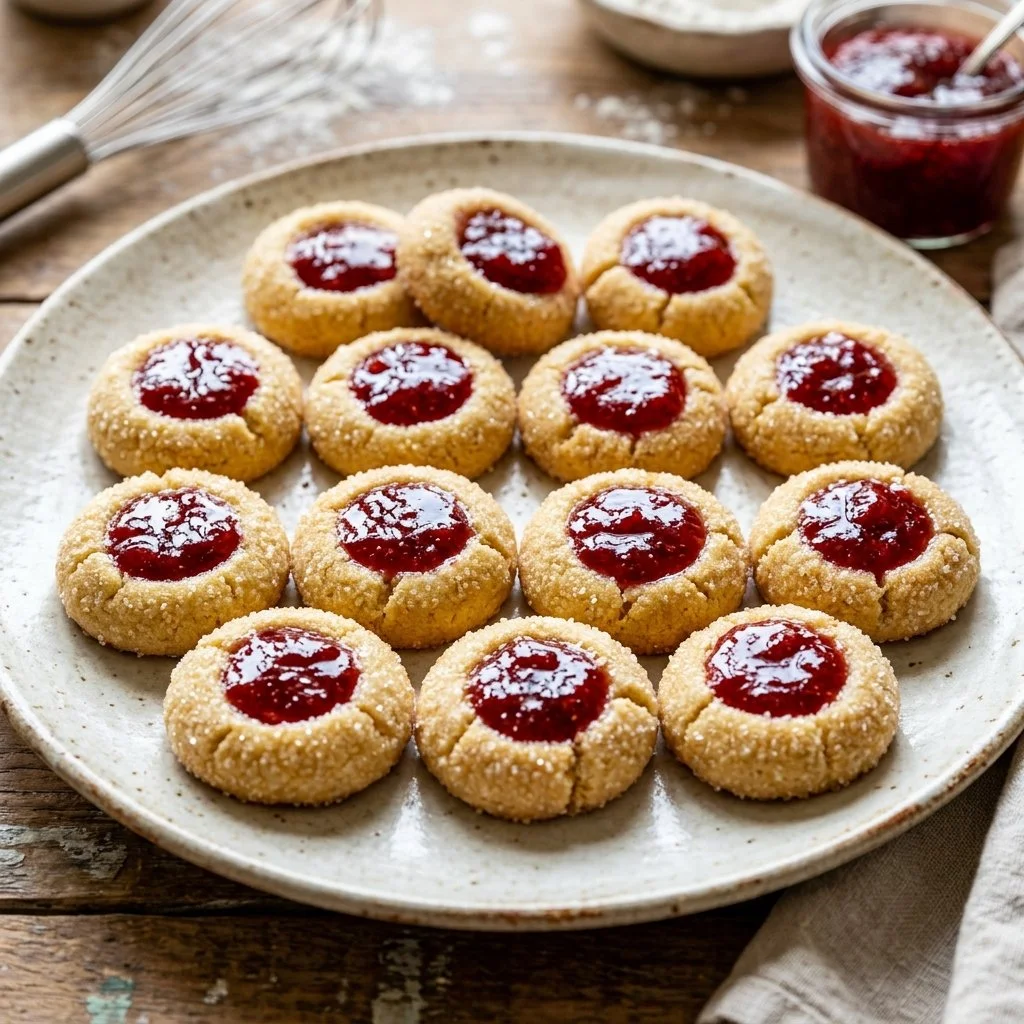 A plate of freshly baked thumbprint cookies filled with vibrant jam.