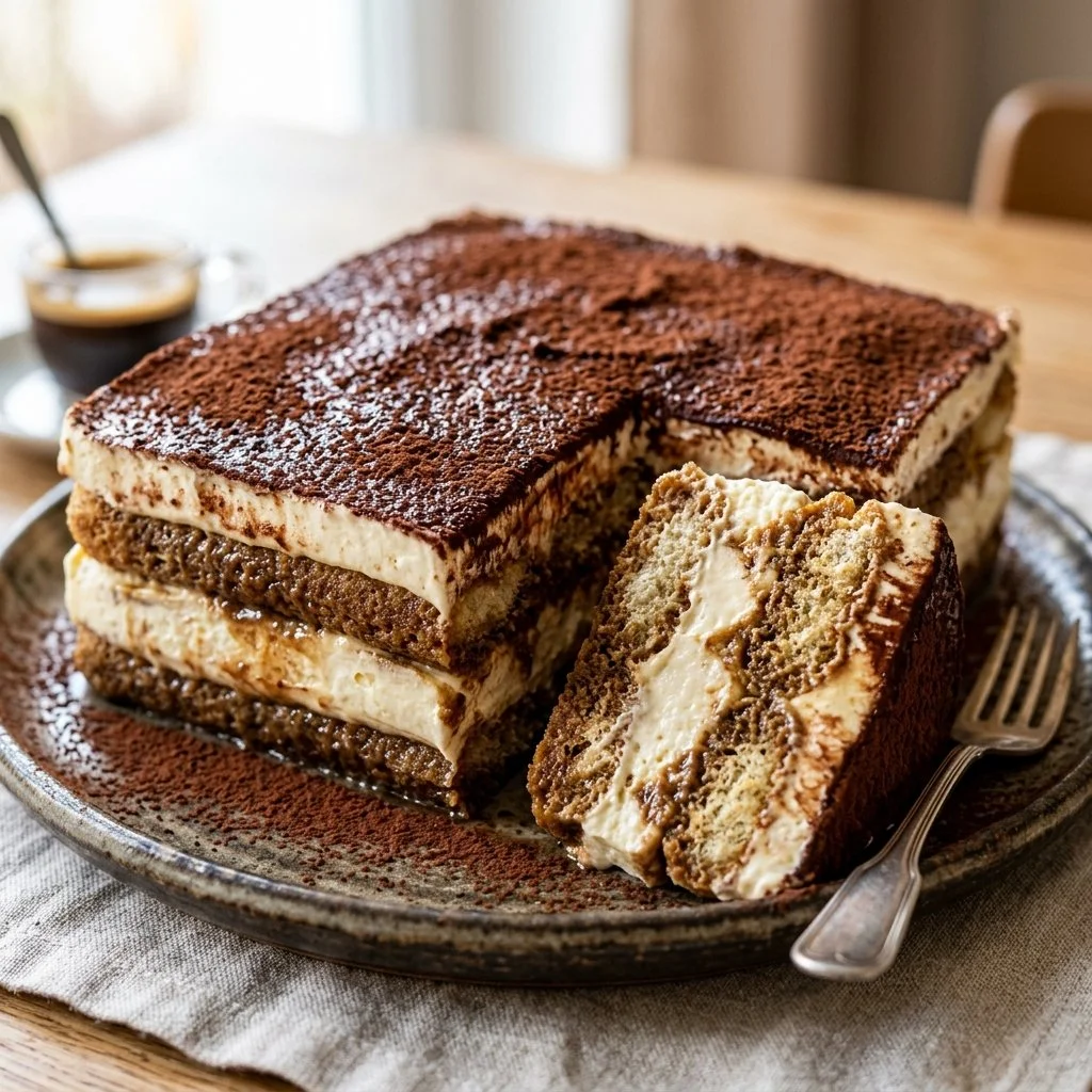 Delicious Tiramisu Cake with layers of mascarpone and coffee-soaked cake