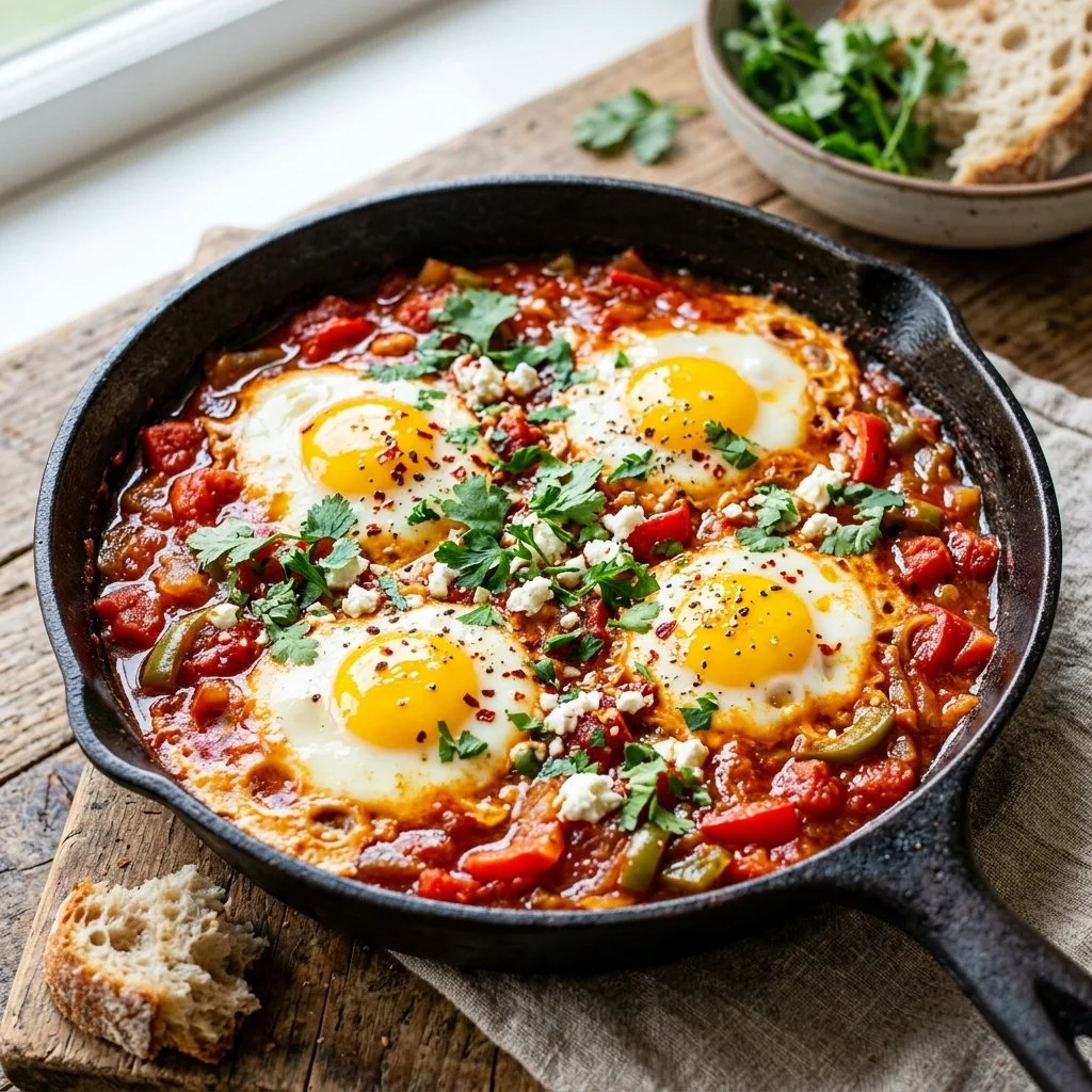 Plate of traditional Shakshuka with eggs and tomatoes served in a skillet.