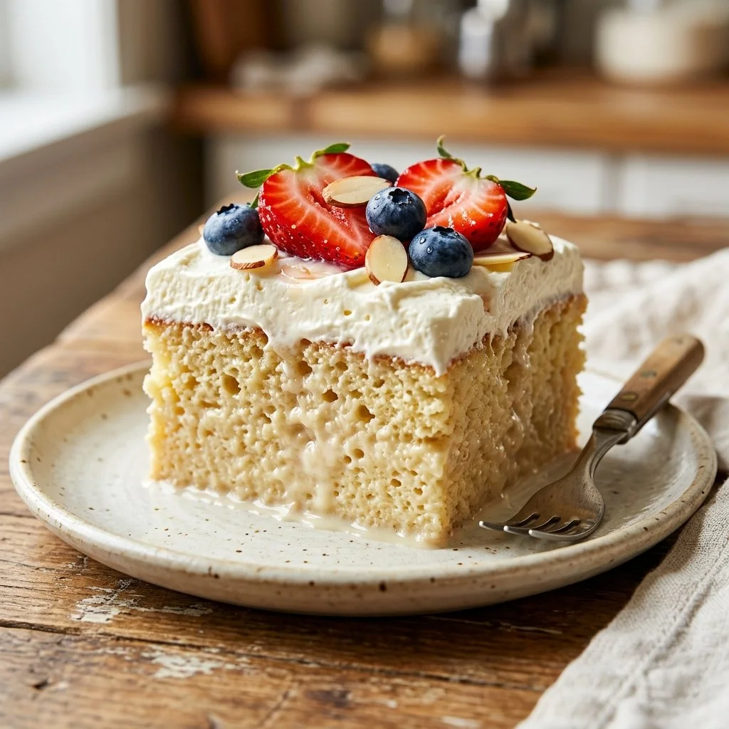 Delicious Tres Leches Cake topped with whipped cream and fruit decoration