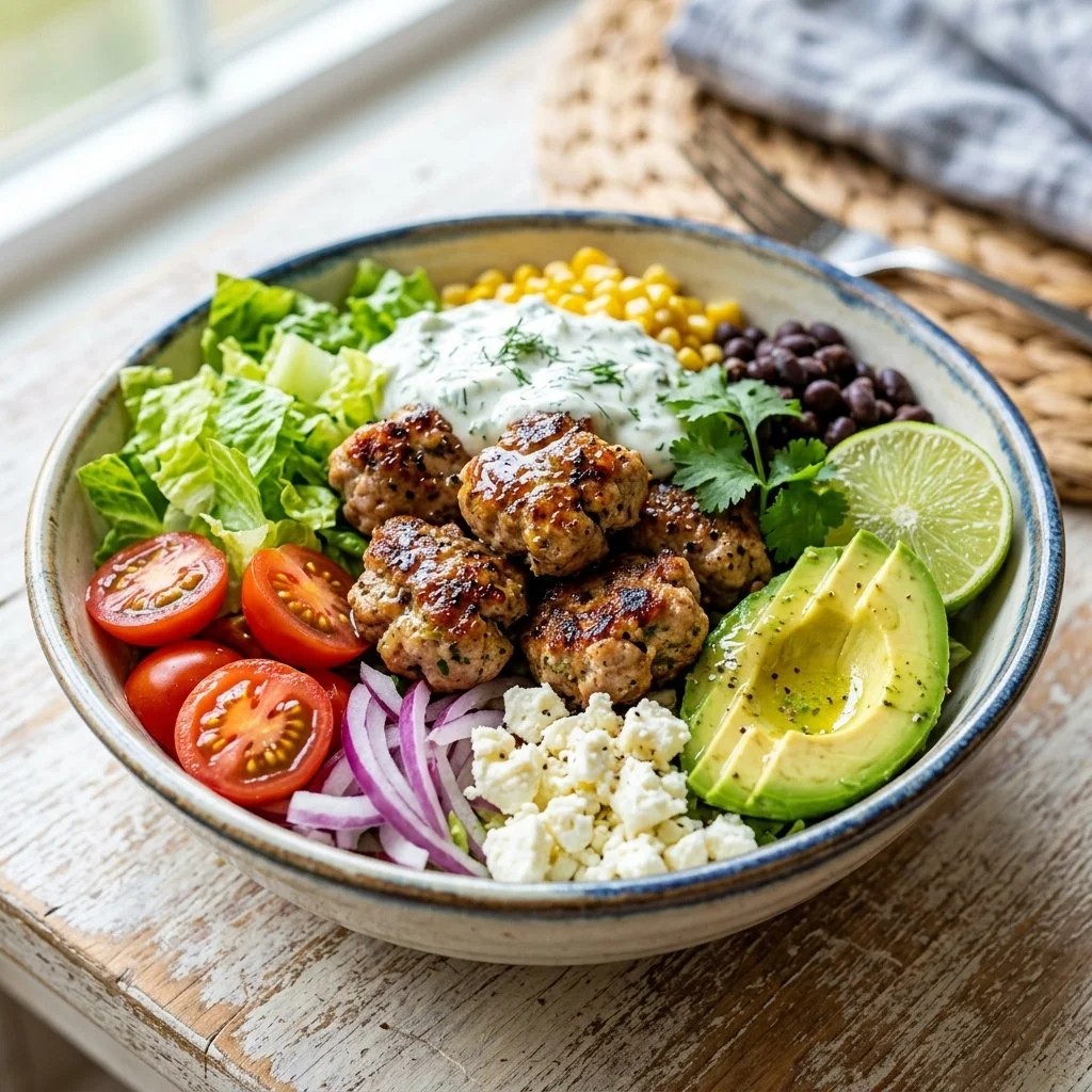Savory turkey burger bowls with fresh veggies and a flavorful sauce
