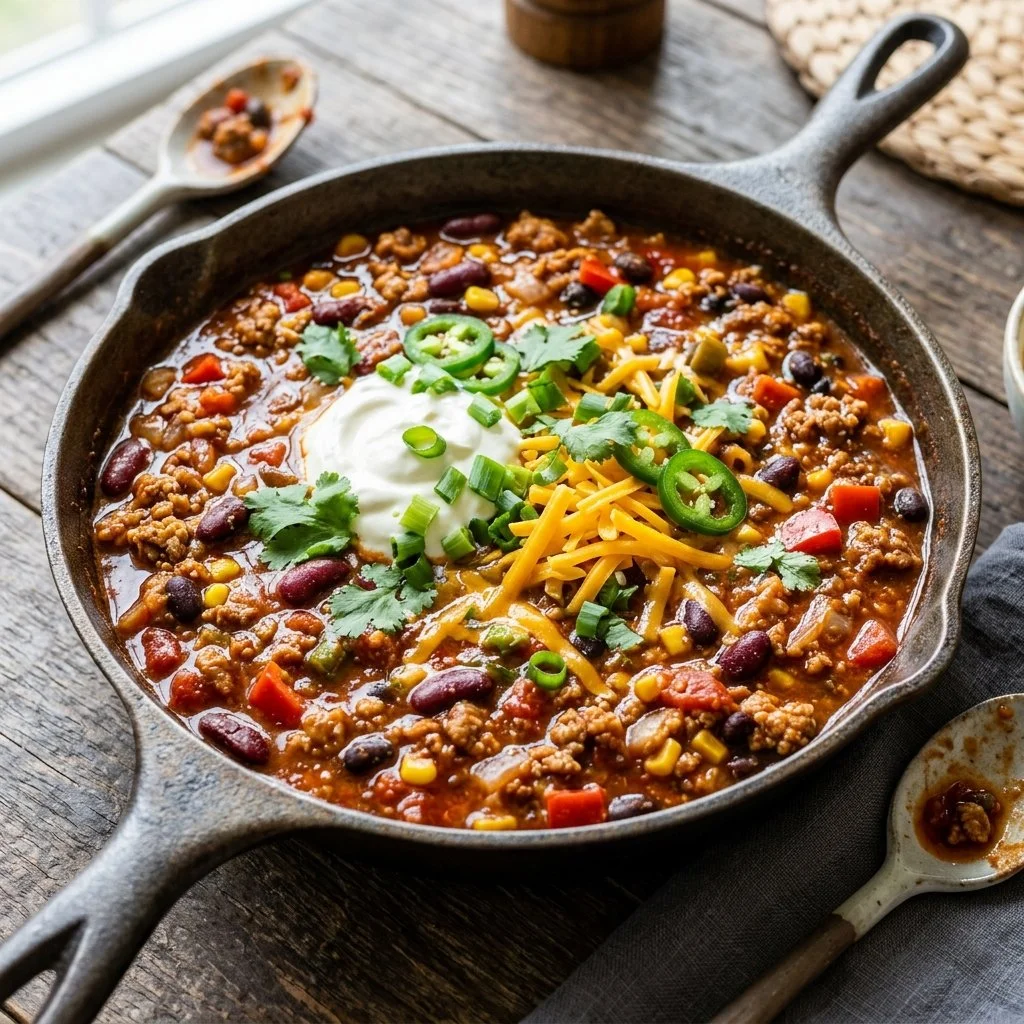 Turkey Chili Skillet served in a vibrant cast iron pan with fresh toppings