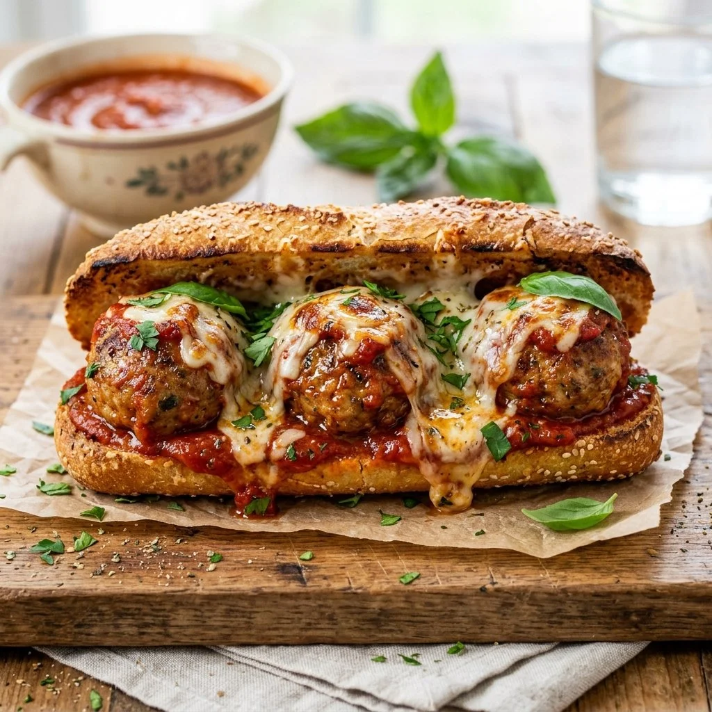 Delicious turkey meatball sub sandwich with cheese and marinara sauce