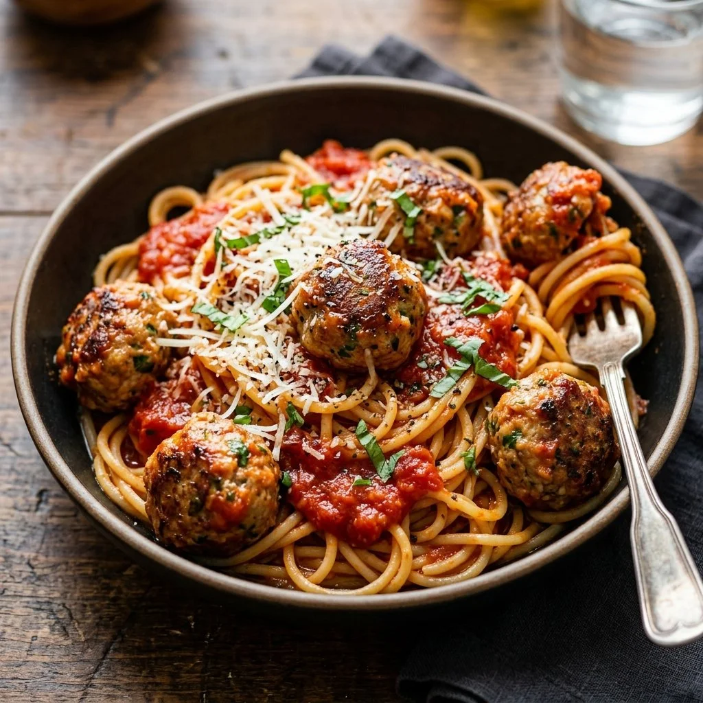 Plate of Turkey Meatballs Pasta with marinara sauce and herbs