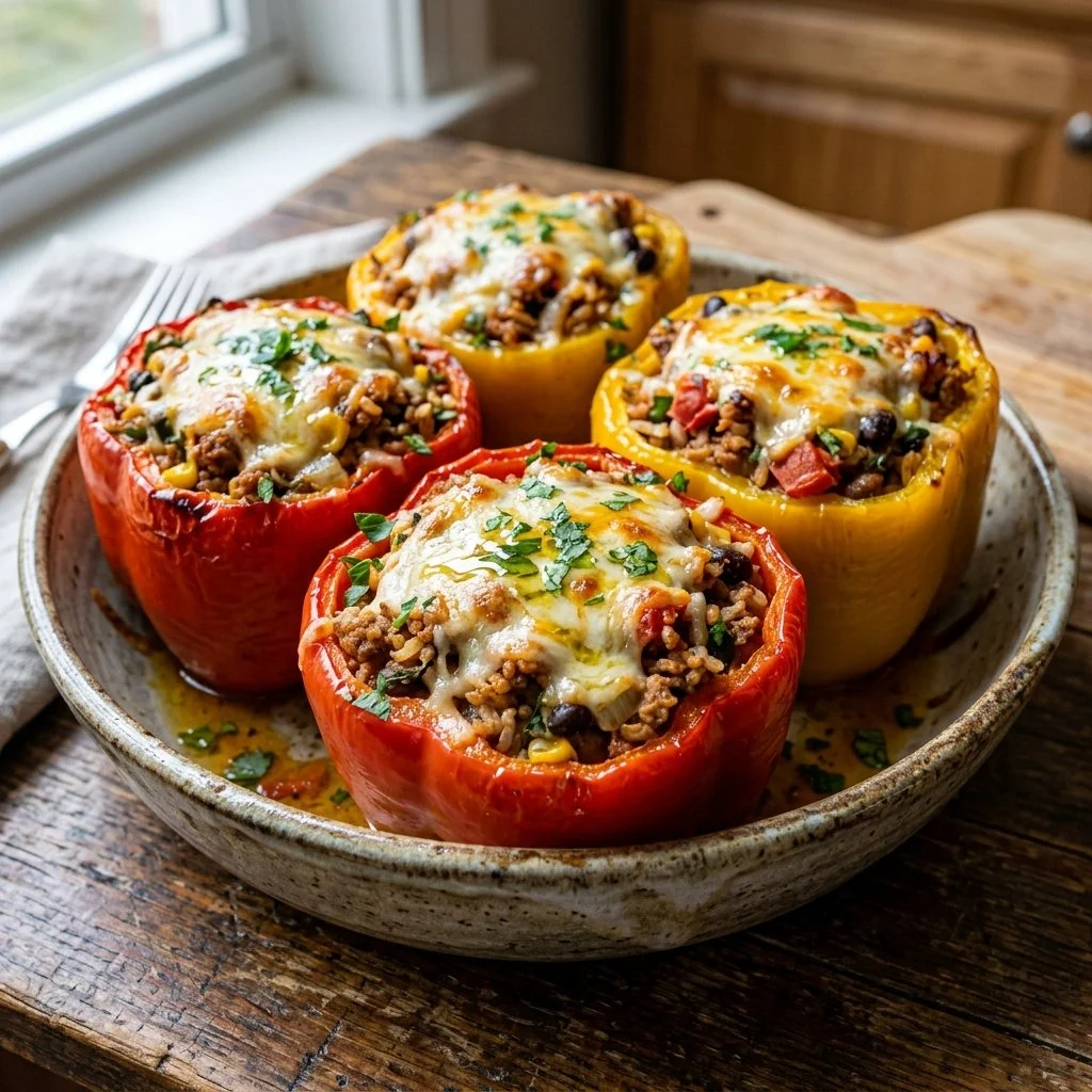 Turkey stuffed peppers filled with seasoned turkey meat and vegetables