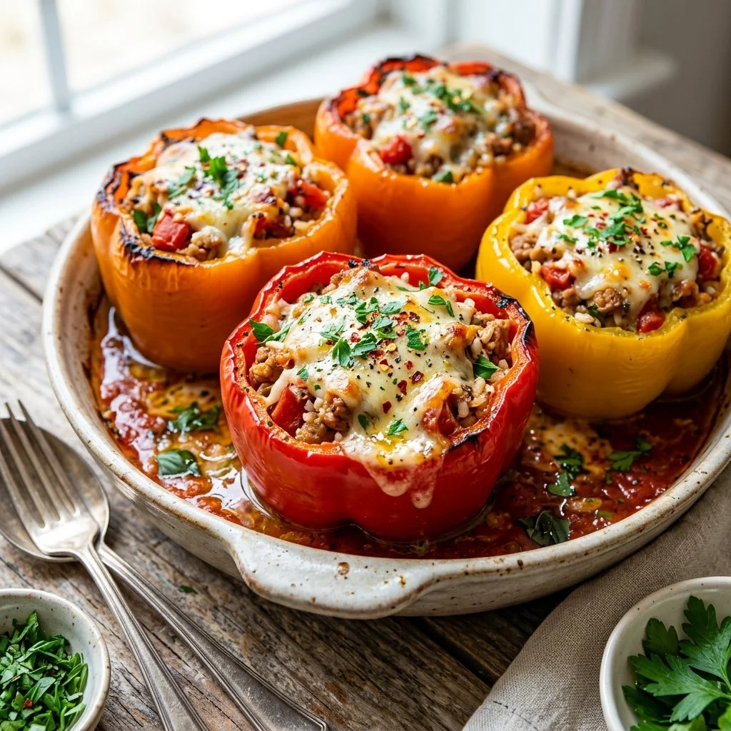 Delicious turkey stuffed peppers on a plate ready to serve.